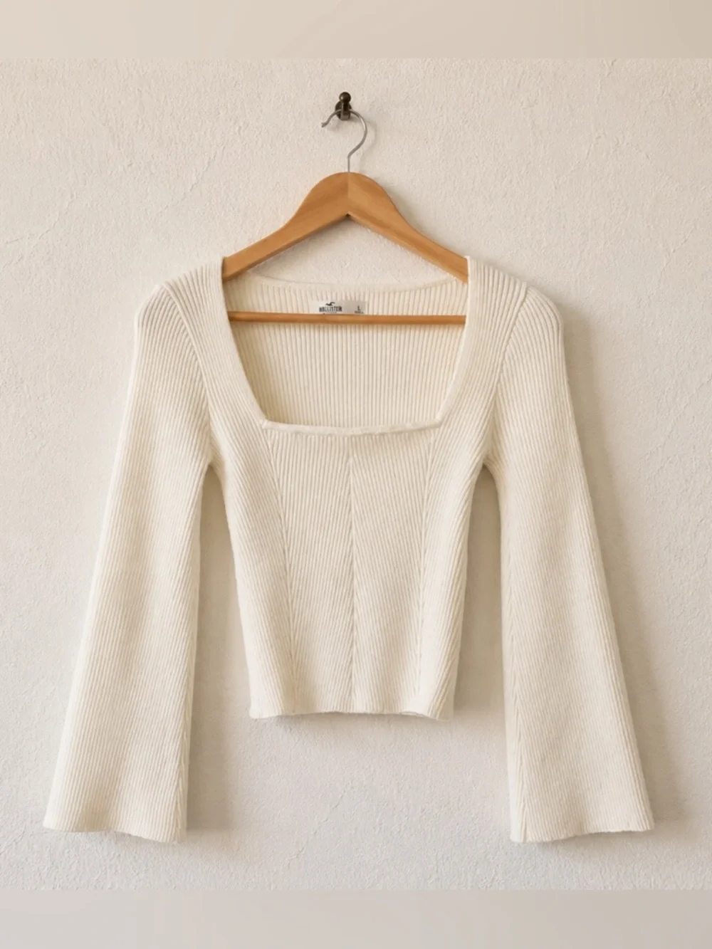 Hollister Cream Ribbed Knit Sweater Bell Sleeve Square‎ Neck Top L